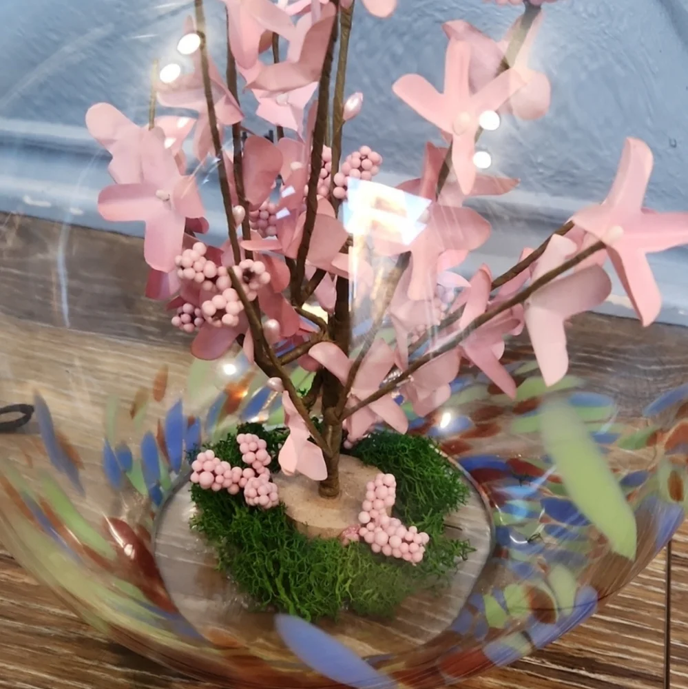 Cherry Blossom ? Pink Flowers Glass Globe Terrarium Blue Green Orange Spots